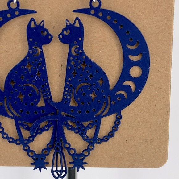 Blue Cat Moons Brass Dangle Earrings - Picture 3 of 3